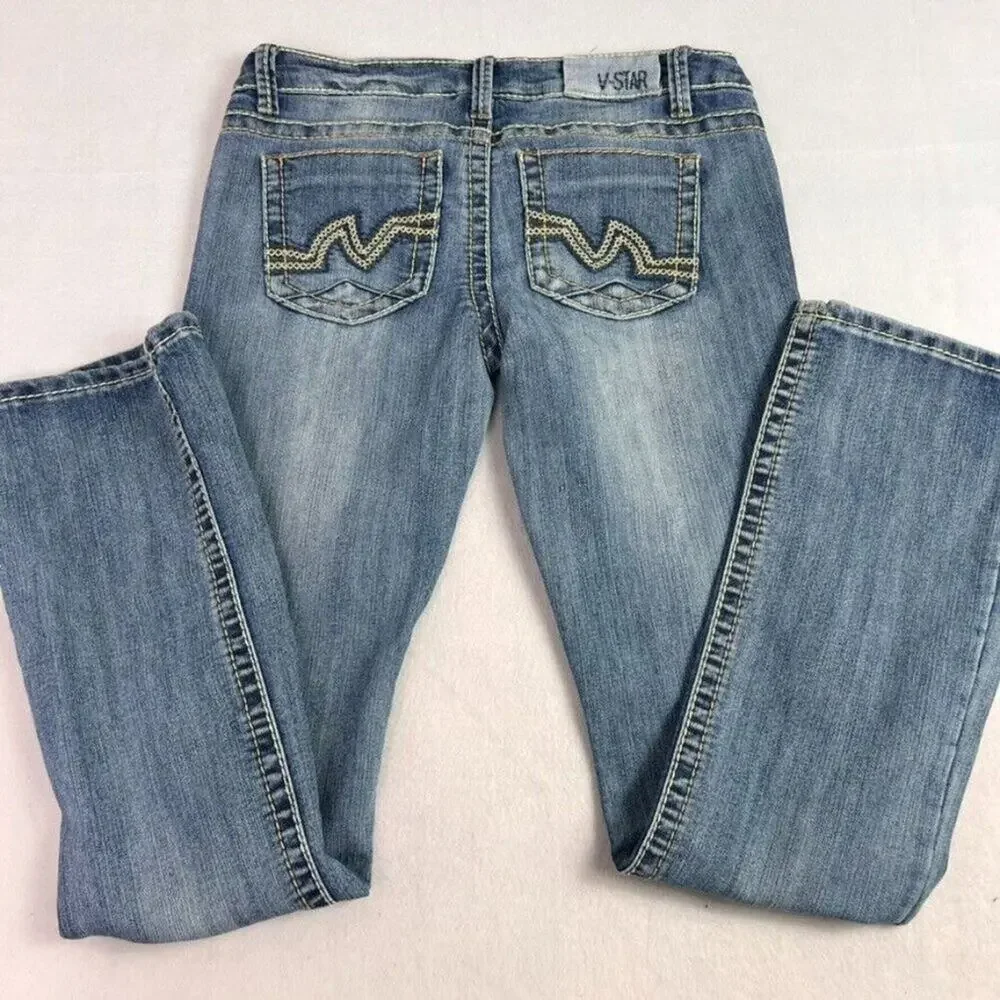Vanilla Star Jeans Womens 7 Blue Denim Bootcut Embroidered Detail Distressed